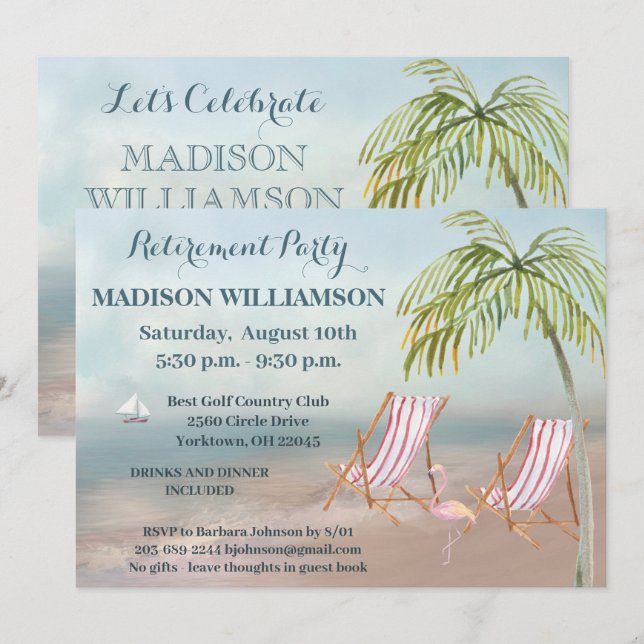 Scenic Beach View Palm Trees Retirement Party   Invitation (Front/Back)