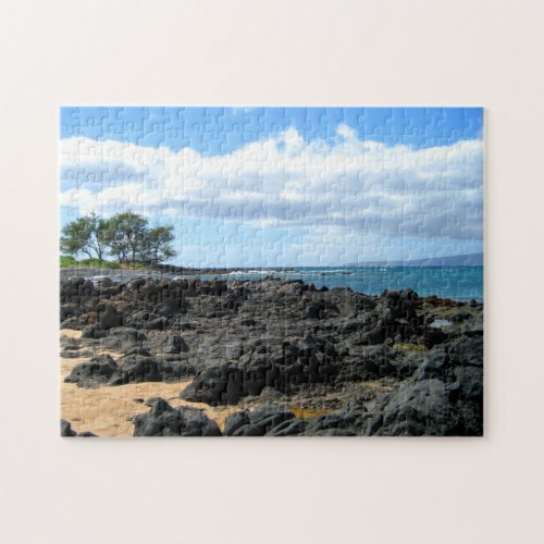 Scenic Beach with Black Rocks and Sky Jigsaw Puzzle