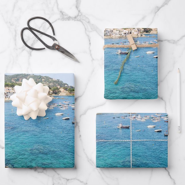 Scenic Blue Ocean Spain Travel Photo Wrapping Paper Sheets (Front)