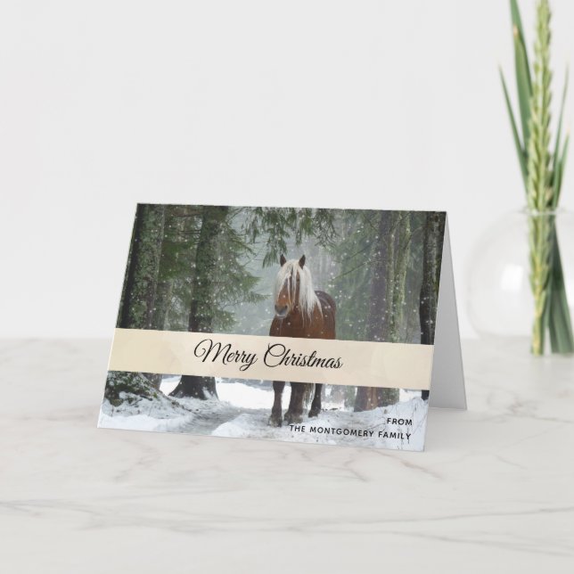 Scenic Brown Horse in a Winter Forest Christmas Card (Front)