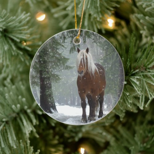 Scenic Brown Horse in a Winter Forest Christmas Ceramic Ornament