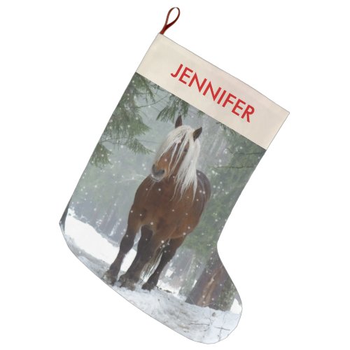 Scenic Brown Horse in a Winter Forest Christmas Large Christmas Stocking