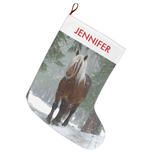 Scenic Brown Horse in a Winter Forest Christmas Large Christmas Stocking