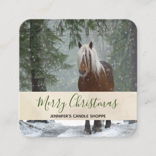 Scenic Brown Horse in a Winter Forest Christmas Square Business Card