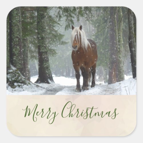 Scenic Brown Horse in a Winter Forest Christmas Square Sticker