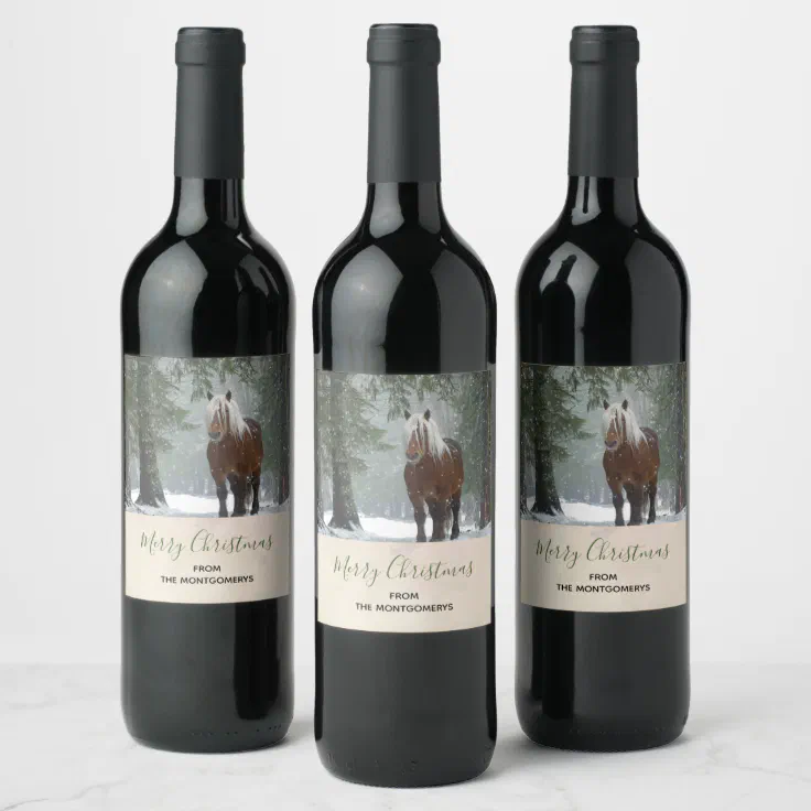 Scenic Brown Horse in a Winter Forest Christmas Wine Label | Zazzle
