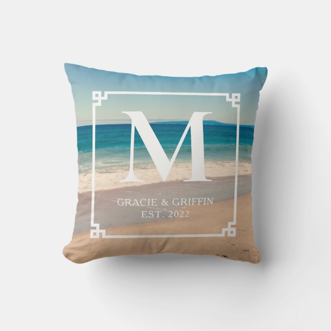 Scenic California Beach Photo Wedding Monogram Throw Pillow (Front)