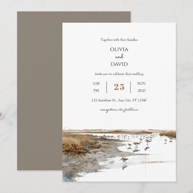 Scenic Coastal Birds Art Watercolor Beach Wedding  Invitation (Front/Back)