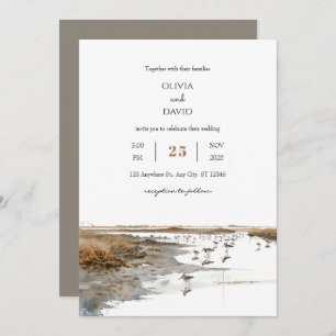Scenic Coastal Birds Art Watercolor Beach Wedding Invitation