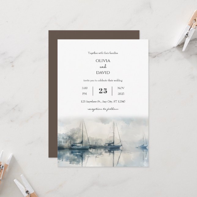 Scenic Coastal Misty Harbor Morning Beach Wedding  Invitation (Front/Back In Situ)