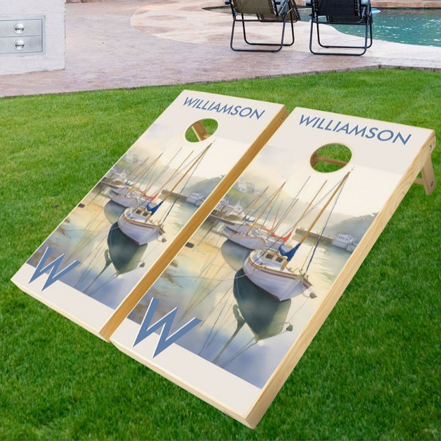 Scenic Coastal Nautical Boats Custom Monogram Name Cornhole Set (Creator Uploaded)