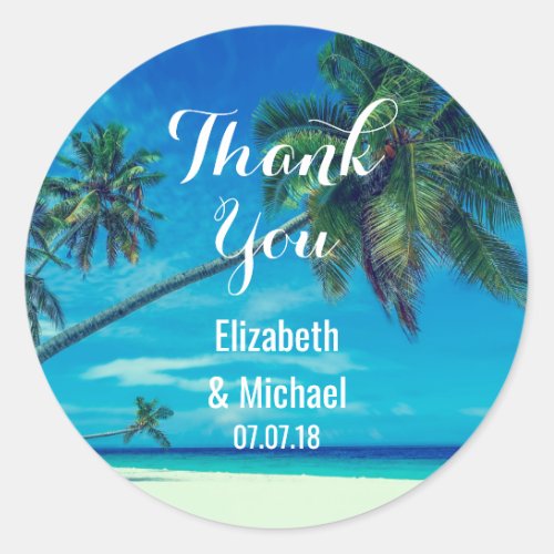 Scenic Coconut Palms Wedding Thanks Classic Round Sticker