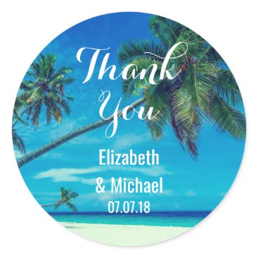 Scenic Coconut Palms Wedding Thanks Classic Round Sticker Scenic Coconut Palms Wedding Thanks Classic Round Sticker