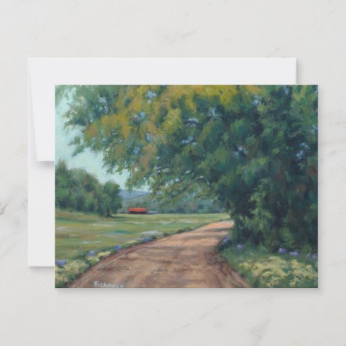 Scenic Country Road With Red Barn and Trees Card