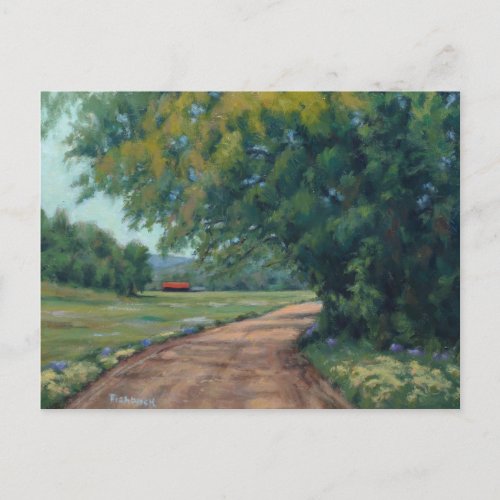 Scenic Country Road With Red Barn and Trees Postcard