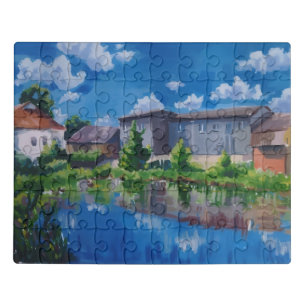 Scenic Countryside Lake Painting Postcard Jigsaw Puzzle