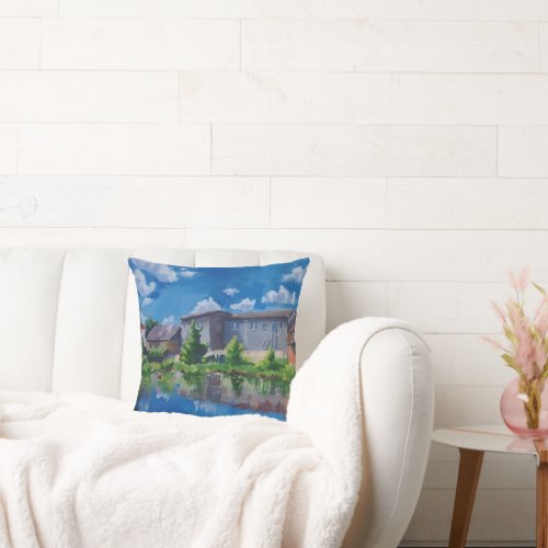 Scenic Countryside Lake Painting Throw Pillow