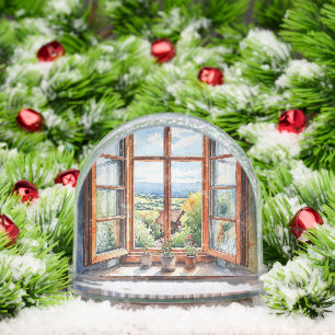 Scenic Countryside View Through Sunny Open Window Snow Globe