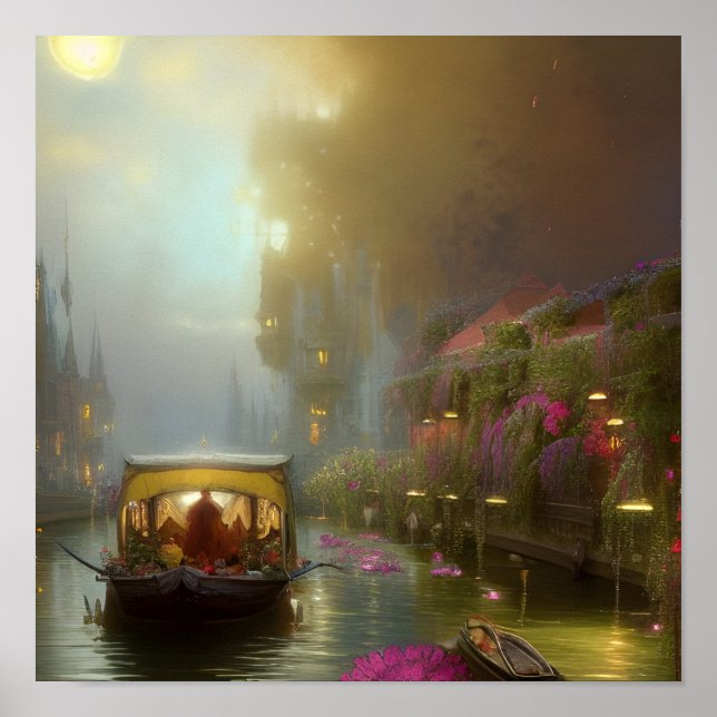Scenic Flower Boat Canal Digital Art Poster (Front)