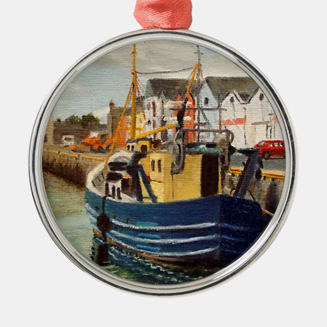 Scenic Galway City Ireland Fishing Boat Metal Ornament (Front)