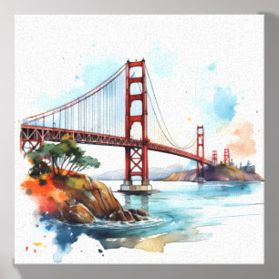 Scenic Golden Gate Bridge Watercolour Art Print Canvas Photo Tile
