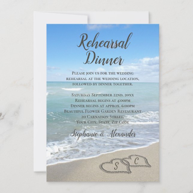 Scenic Hearts in the Sand Beach Rehearsal Dinner Invitation (Front)
