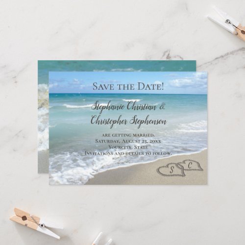 Scenic Hearts in the Sand Beach Save the Date Invitation