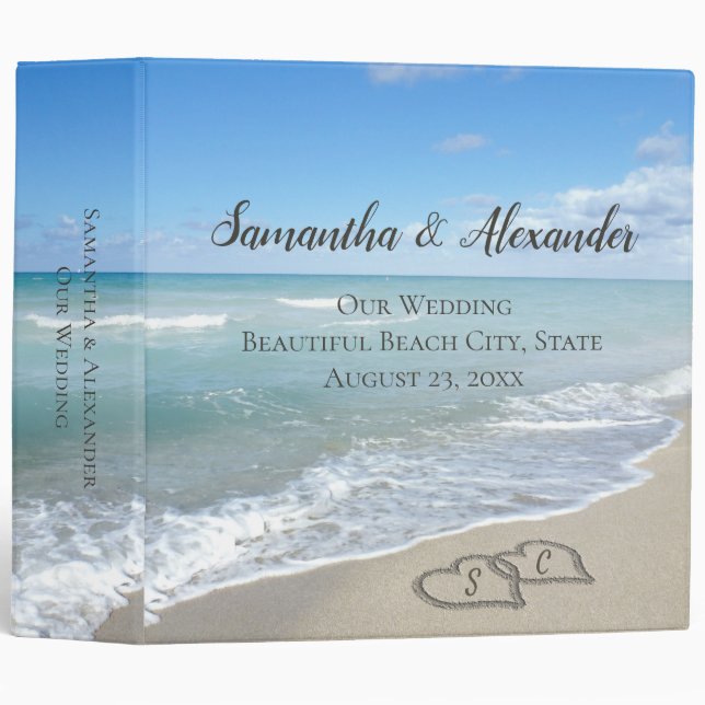 Scenic Hearts in the Sand Beach Wedding Album 3 Ring Binder (Front/Spine)