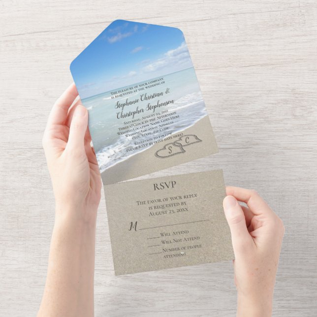  Scenic Hearts in the Sand Beach Wedding All In On All In One Invitation (Tearaway)