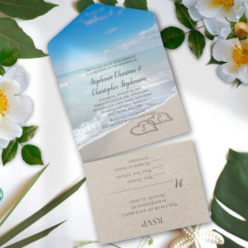 Scenic Hearts In The Sand Beach Wedding All In On All In One Invitation by CustomInvites at Zazzle