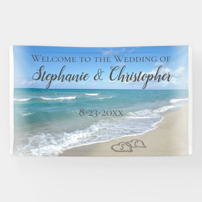 Scenic Hearts in the Sand Beach Wedding Banner (Horizontal)