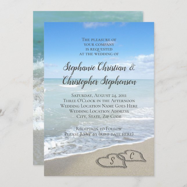 Scenic Hearts in the Sand Beach Wedding Invitation (Front/Back)