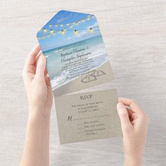  Scenic Hearts in the Sand Beach Wedding Lights All In One Invitation