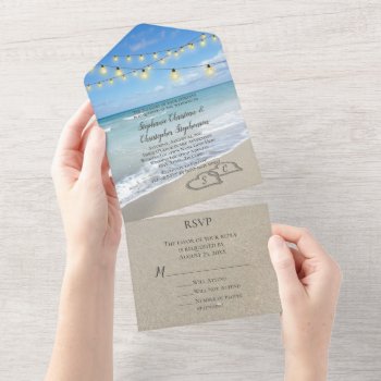 Scenic Hearts In The Sand Beach Wedding Lights All In One Invitation by CustomInvites at Zazzle