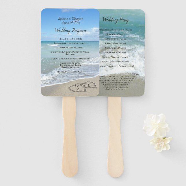 Scenic Hearts in the Sand Beach Wedding Program Hand Fan (Front and Back)