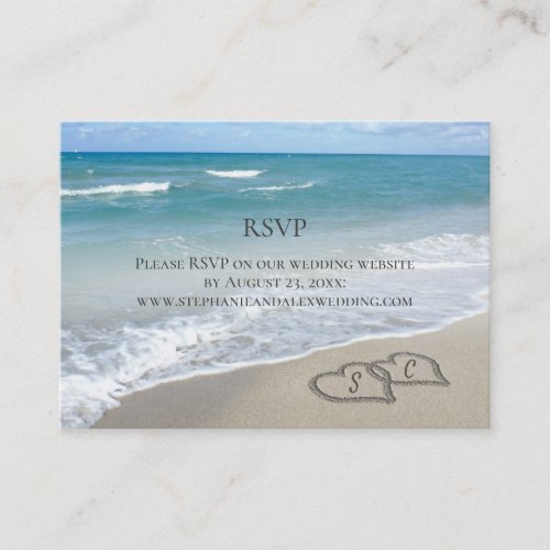 Scenic Hearts in the Sand Beach Wedding RSVP Reply Business Card