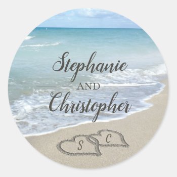 Scenic Hearts In The Sand Beach Wedding Seal by CustomInvites at Zazzle