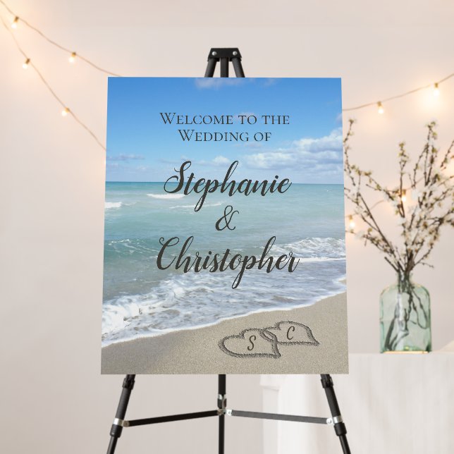 Scenic Hearts in the Sand Beach Wedding Welcome Foam Board (In Situ (Stand))
