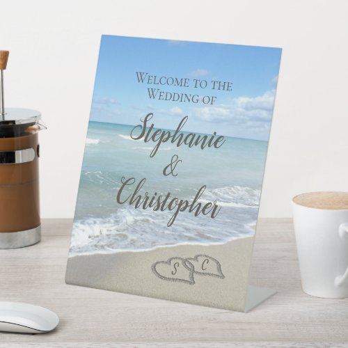 Scenic Hearts in the Sand Beach Wedding Welcome Pedestal Sign