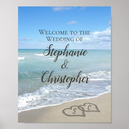 Scenic Hearts In The Sand Beach Wedding Welcome Poster