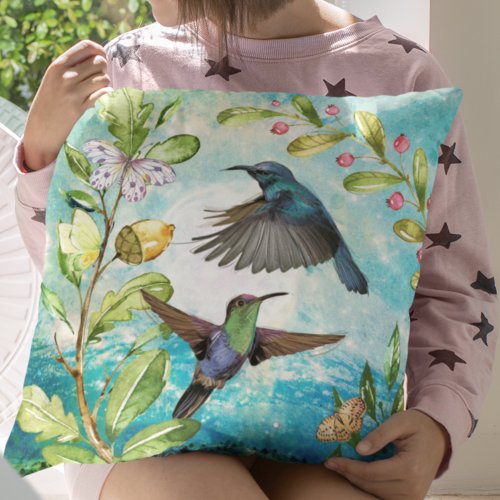 Scenic Hummingbirds Floral Nature Art  Blue Green Throw Pillow