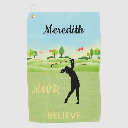 Scenic Lady Golfer Swinging Greens Monogram Name   Golf Towel