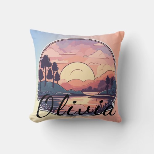 Scenic Lakeside Sunrise Over the Forest Trees Throw Pillow