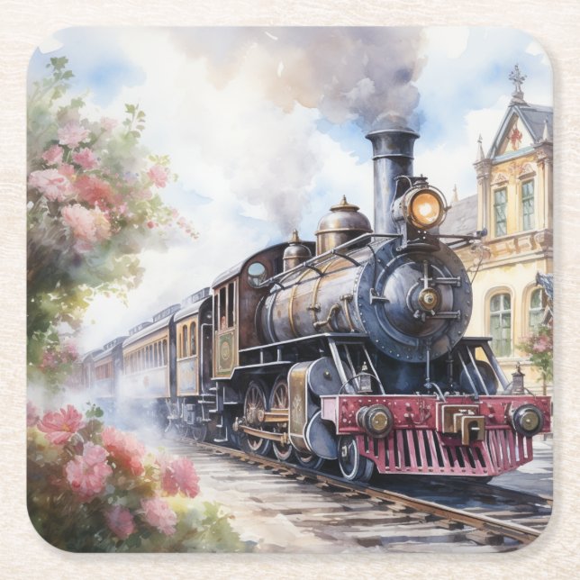 Scenic Landscape a Victorian Train Square Paper Coaster (Front)