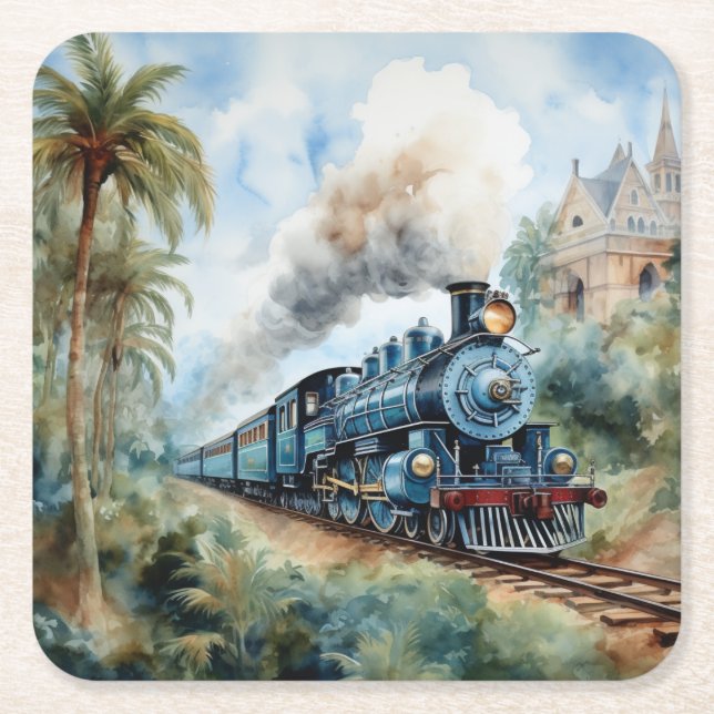 Scenic Landscape a Victorian Train Square Paper Coaster (Front)