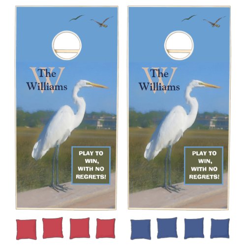 Scenic Landscape Bird Egret Monogram Name Message Cornhole Set