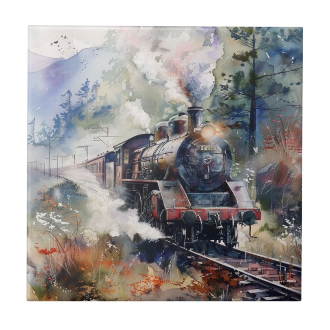 Scenic Landscape with Train Ceramic Tile (Front)