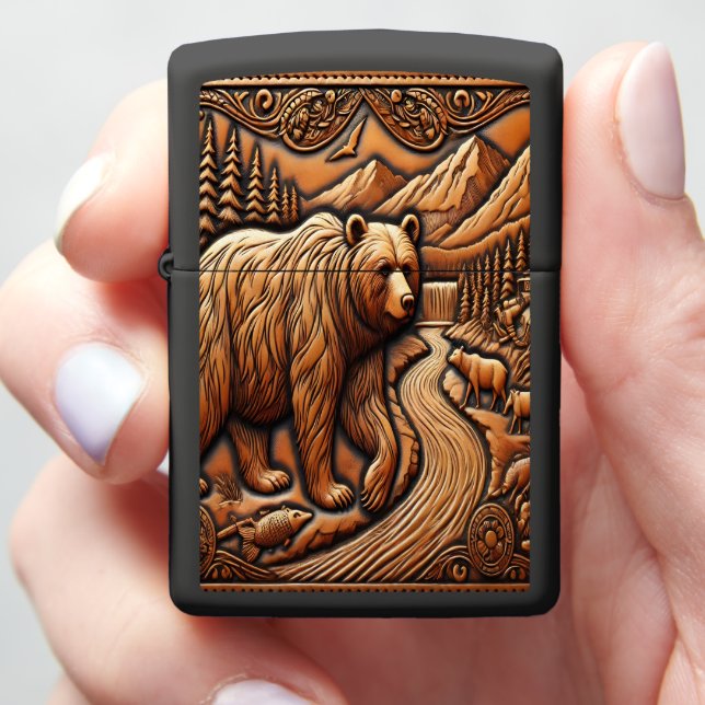 Scenic Leather Bear River Scene  Zippo Lighter (In Hand)