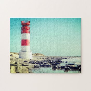 Scenic Lighthouse Ocean Seals On Beach Landscape Jigsaw Puzzle by azlaird at Zazzle