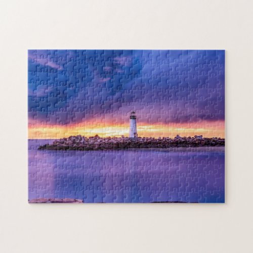 Scenic Lighthouse Sunset Ocean Beach Landscape Jigsaw Puzzle